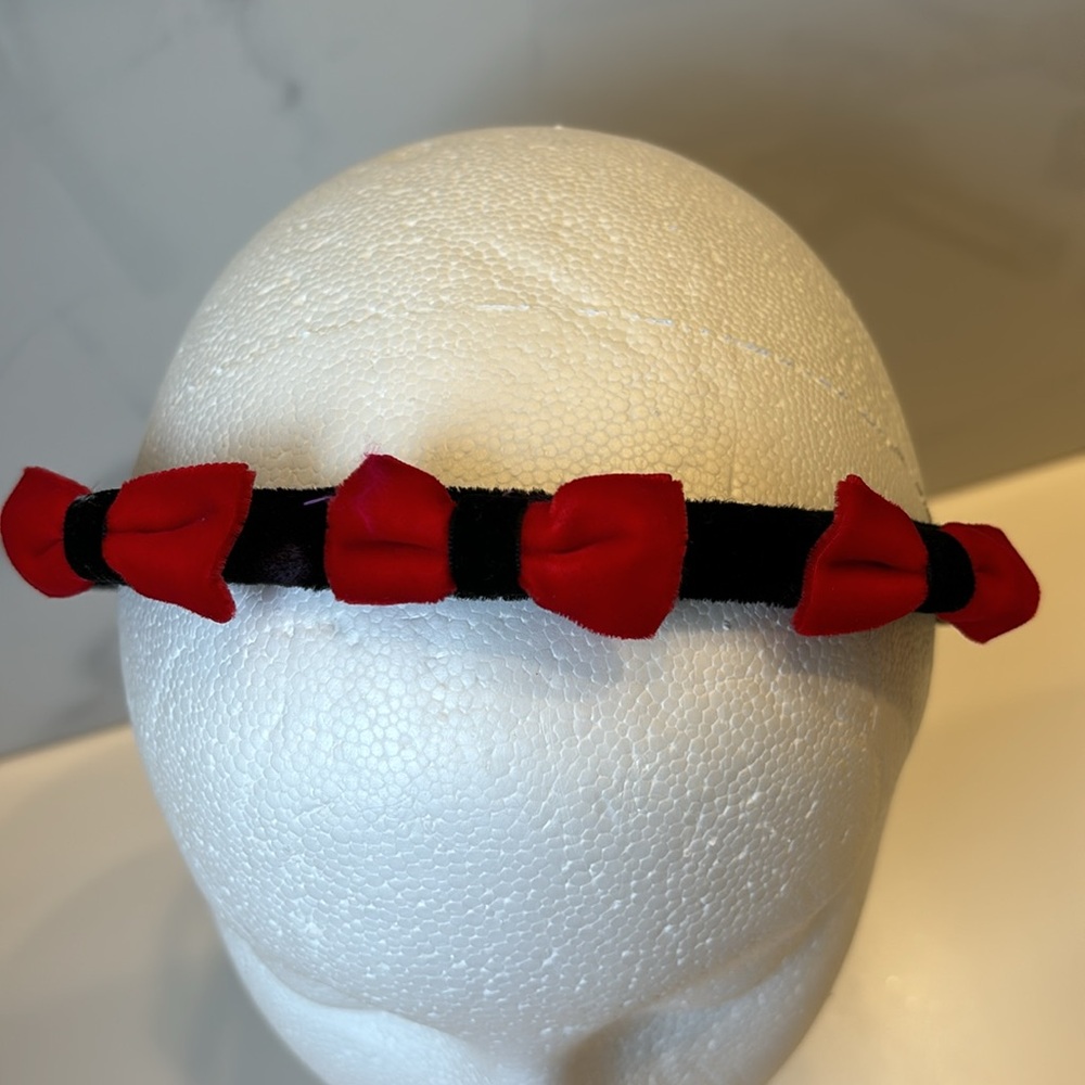 Black Velvet 3 Dimensional Headband with 3 Red Velvet Bows 1/2” wide - Picture 5 of 9